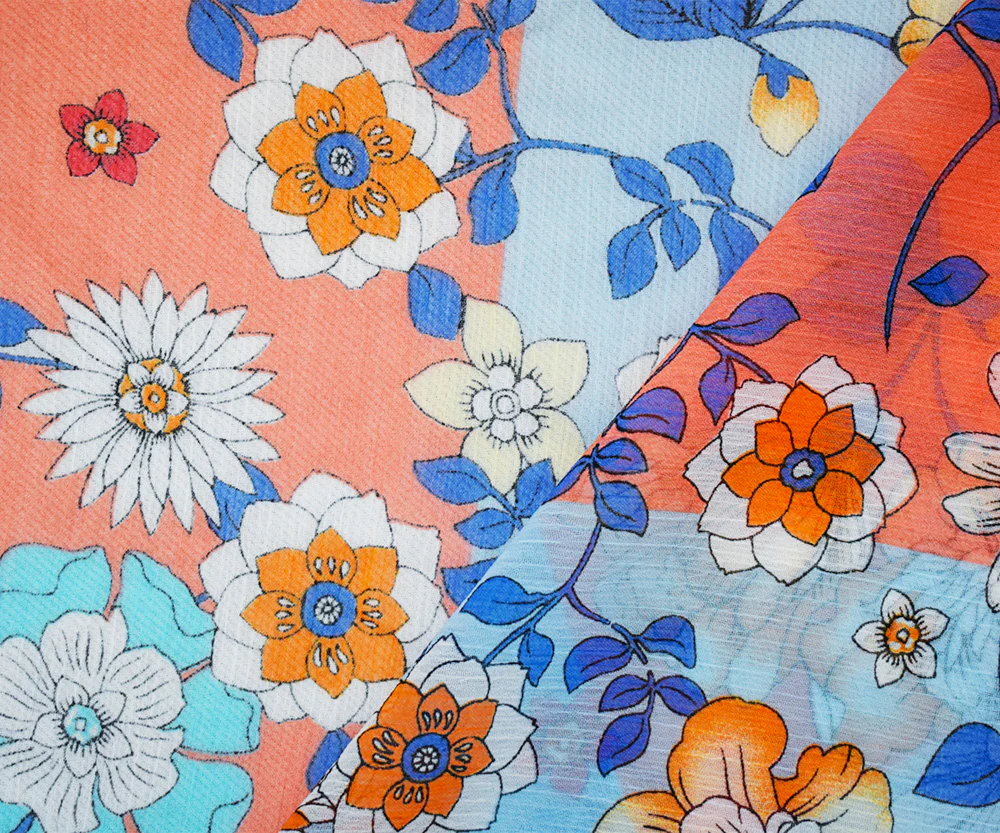 Light Blue-Orange-Multi Poly Floral Printed Yoryu Chiffon Woven Fabric - Image 2