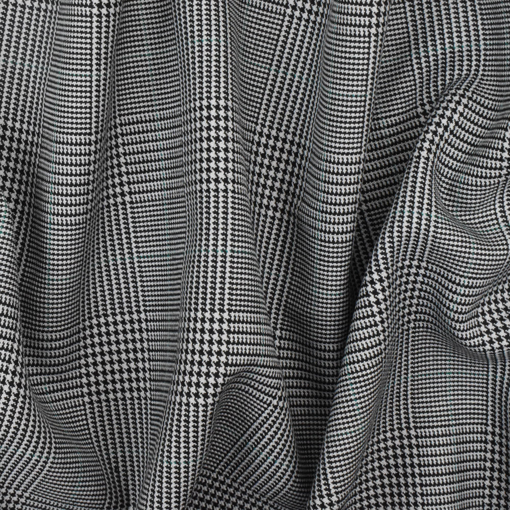 Light Gray-Black-Green Glen Plaid Wool-Poly Twill Woven Suiting Fabric - Image 3