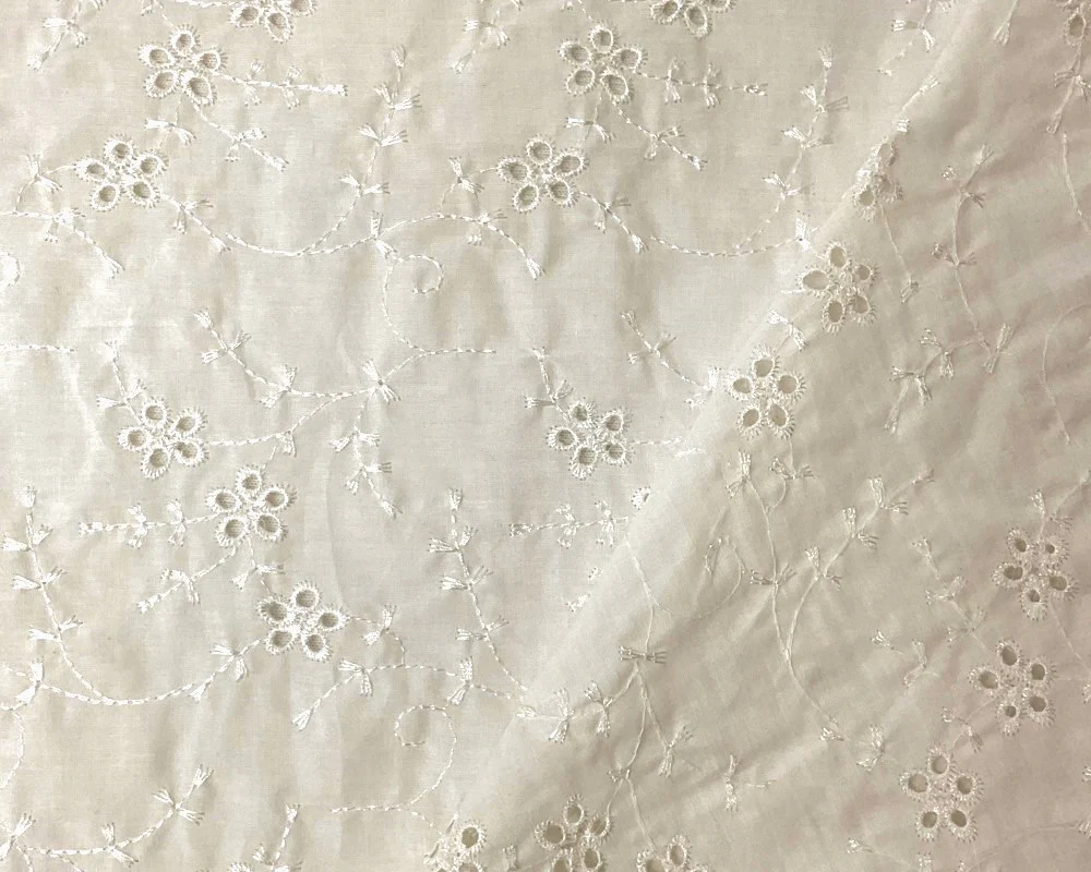 Light Ivory Cotton Floral Vine Embroidered Eyelet Voile Woven Fabric - Image 2