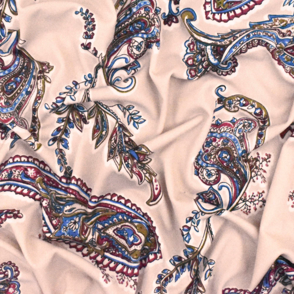 Light Pink-White-Multi Paisley Printed Stretch Polyester ITY Knit Fabric - Image 3