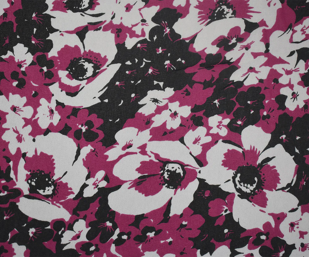 Magenta-Black-White Floral Printed Poly Chiffon Woven Fabric - Image 3