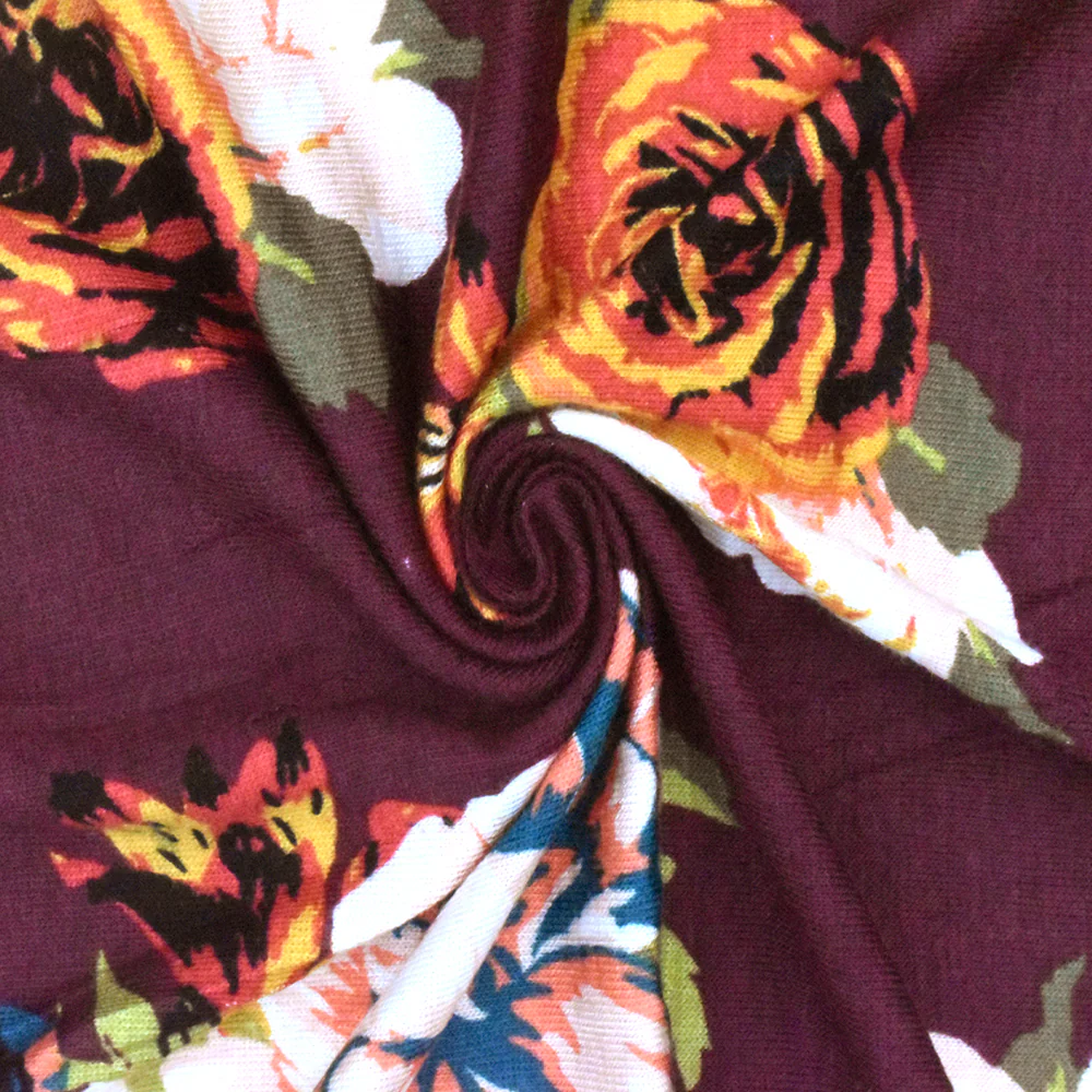 Maroon Red-Orange-Multi Floral Printed Rayon Stretch Jersey Knit Fabric - Image 2