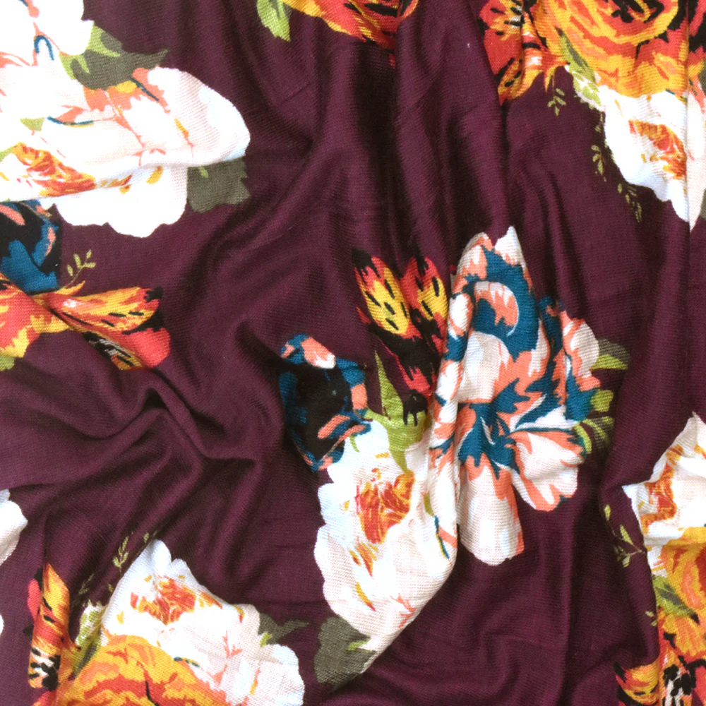 Maroon Red-Orange-Multi Floral Printed Rayon Stretch Jersey Knit Fabric - Image 3