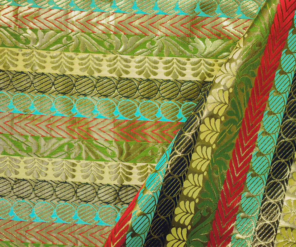 Metallic Gold-Red-Multi Stripe Pillar Jacquard Brocade Woven Fabric - Image 2