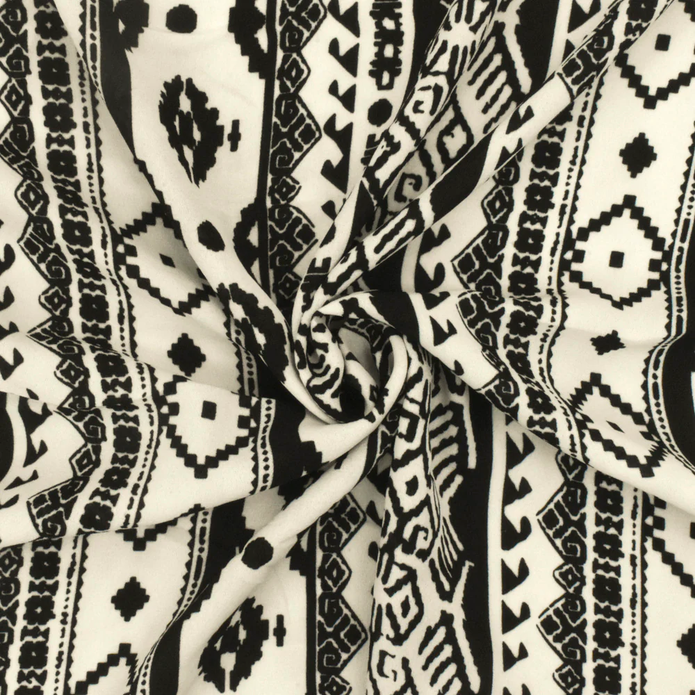 Milk Ivory-Black Aztec Printed Polyester Georgette Woven Fabric - Image 2