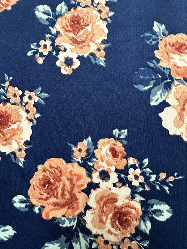 Navy and Peach Multi Floral Print Scuba Knit Fabric - Image 2