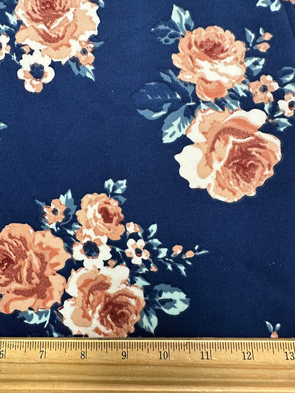 Navy and Peach Multi Floral Print Scuba Knit Fabric - Image 3
