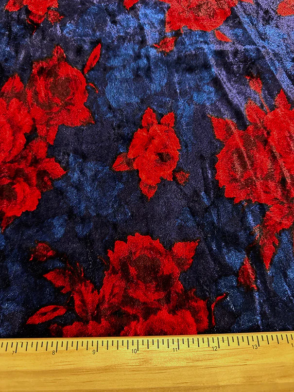 Navy and Red Floral Print Stretch Panne Velour Fabric - Image 2