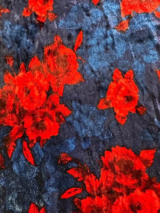 Navy and Red Floral Print Stretch Panne Velour Fabric - Image 3