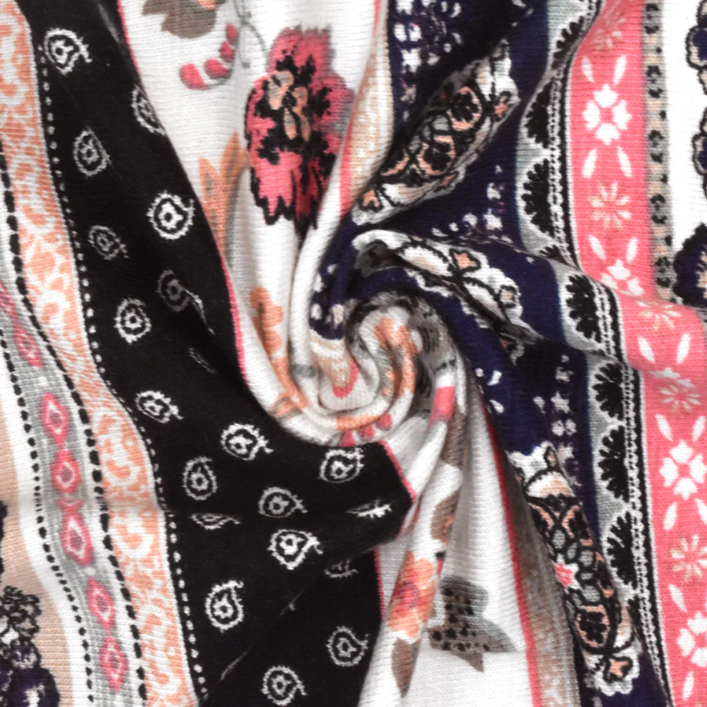 Navy Blue-Ivory-Multi Mix Pattern Printed Rayon Stretch Jersey Knit Fabric - Image 2