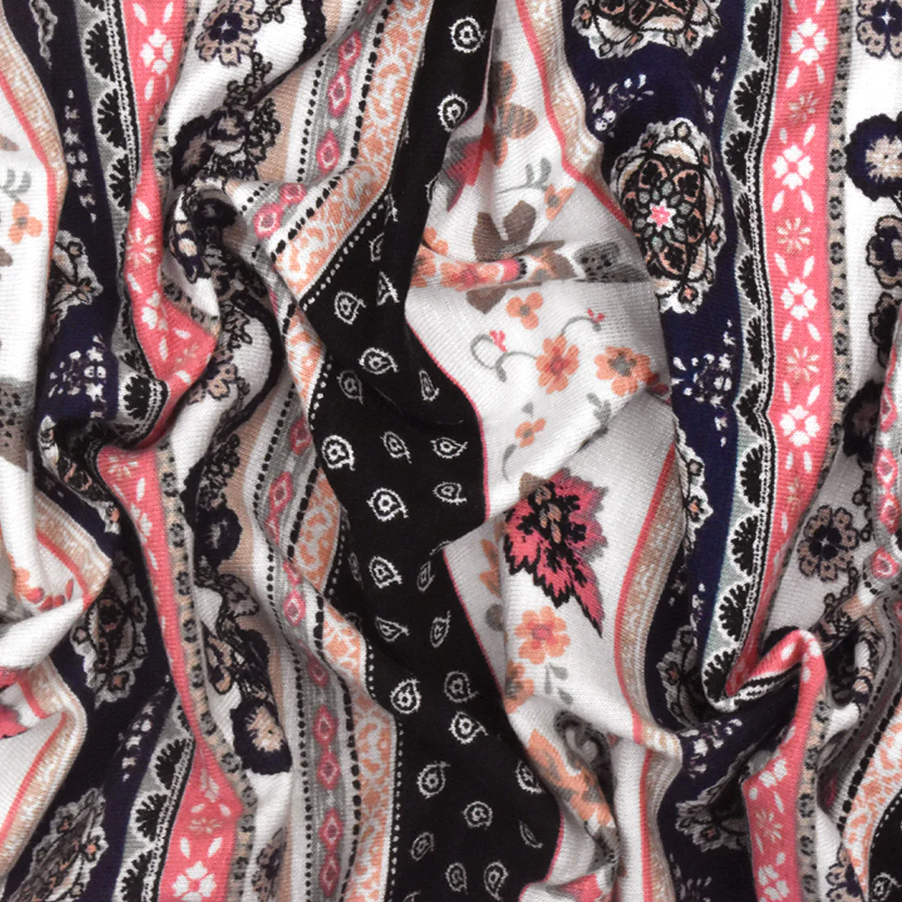Navy Blue-Ivory-Multi Mix Pattern Printed Rayon Stretch Jersey Knit Fabric - Image 3