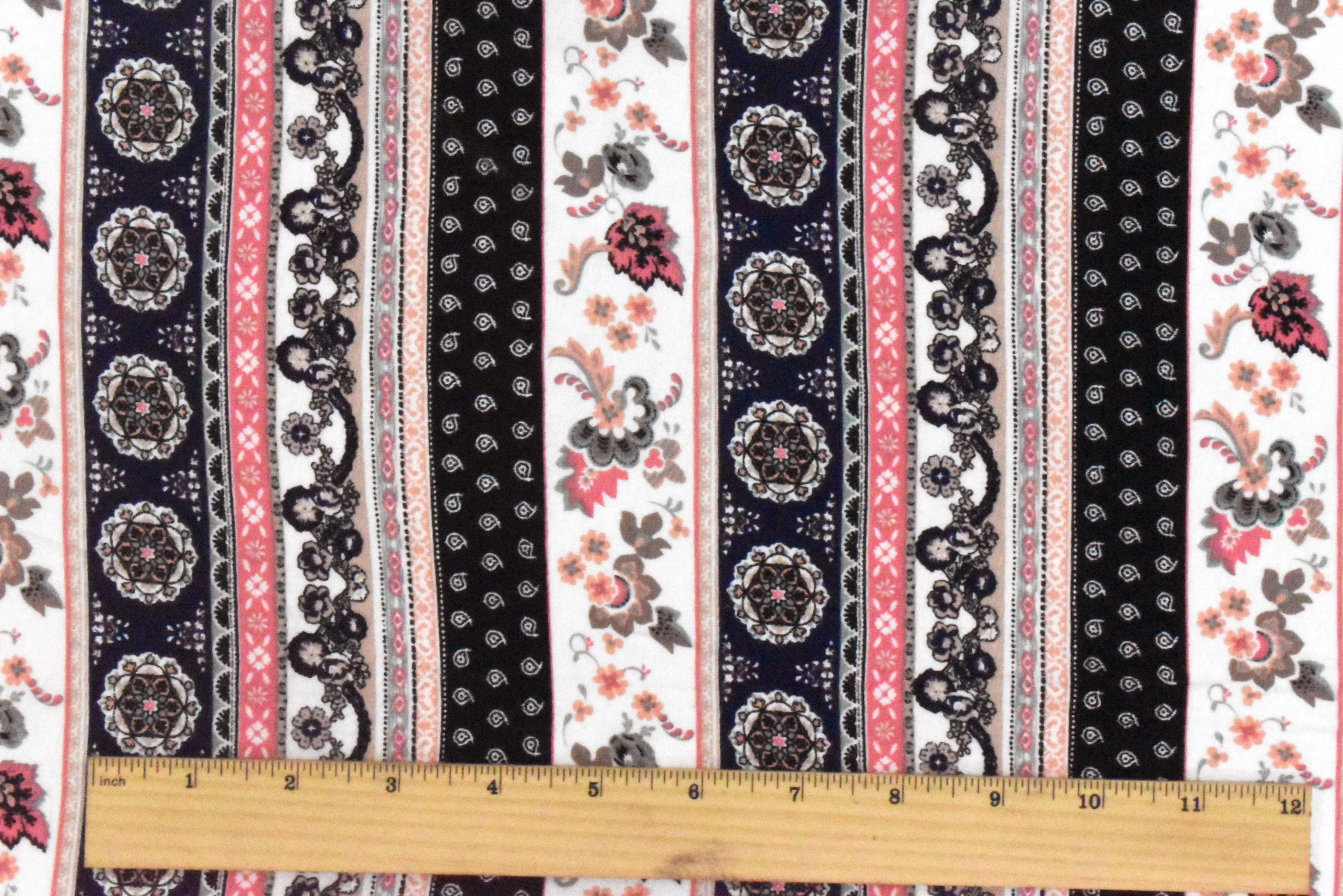 Navy Blue-Ivory-Multi Mix Pattern Printed Rayon Stretch Jersey Knit Fabric - Image 5