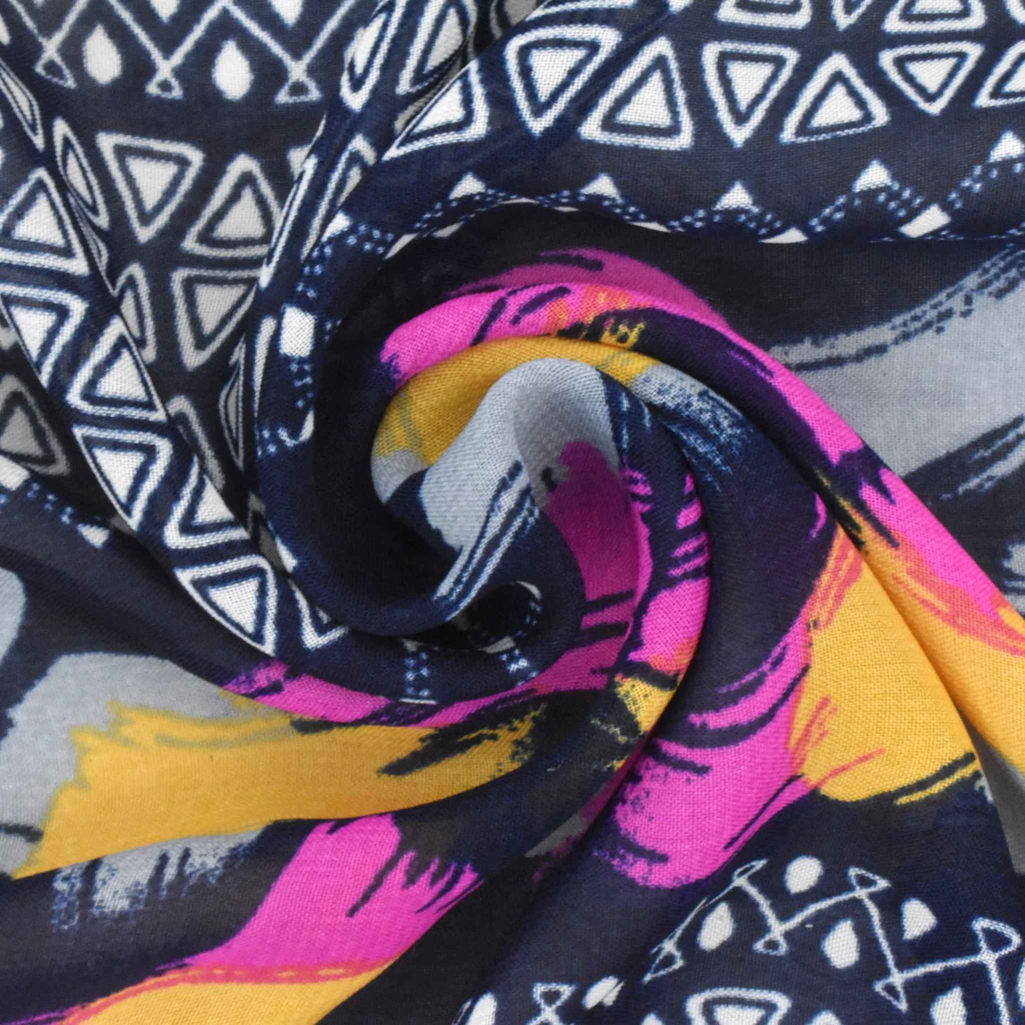 Navy Blue-Multi Painting And Aztec Stripe Printed Poly Chiffon Woven Fabric - Image 2