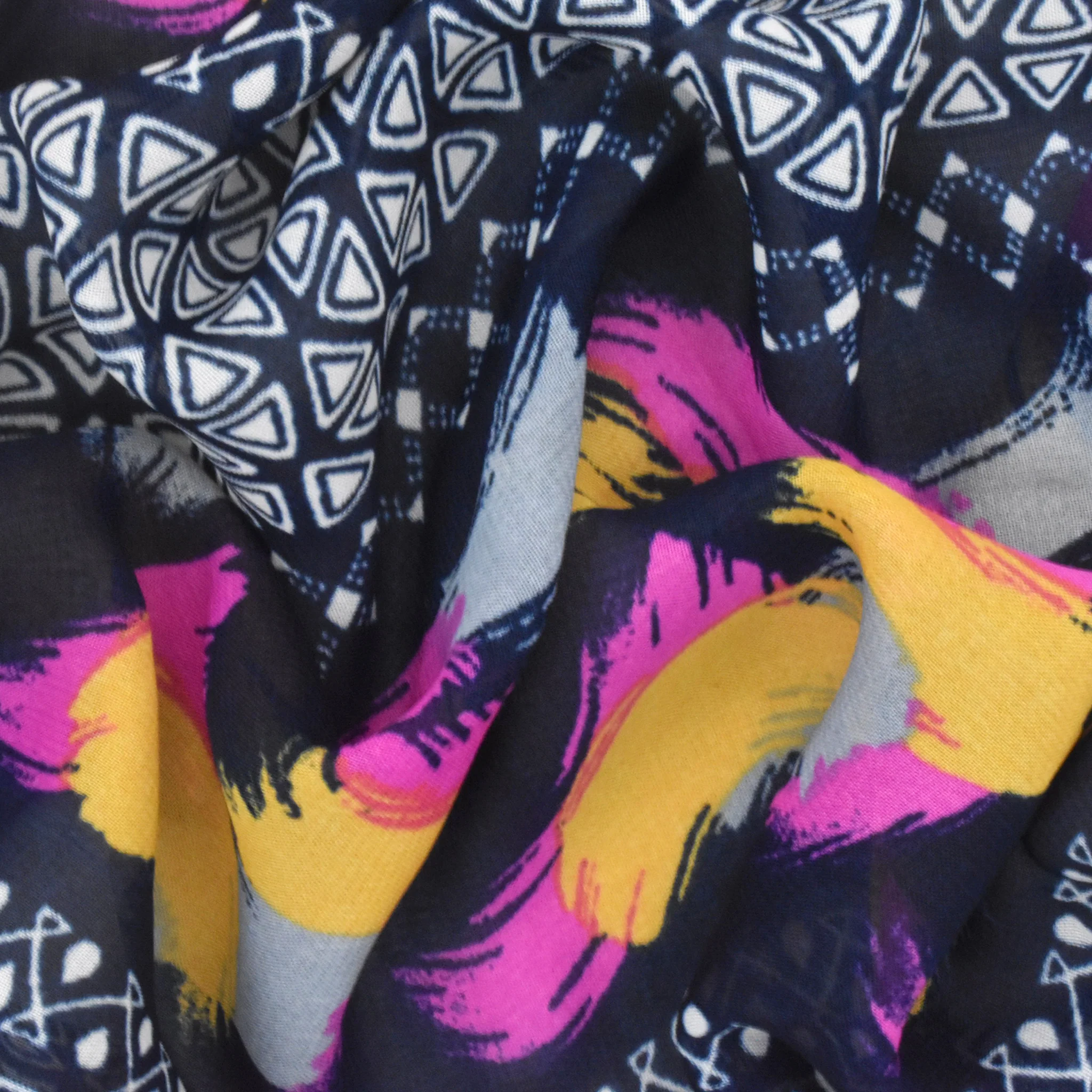 Navy Blue-Multi Painting And Aztec Stripe Printed Poly Chiffon Woven Fabric - Image 3