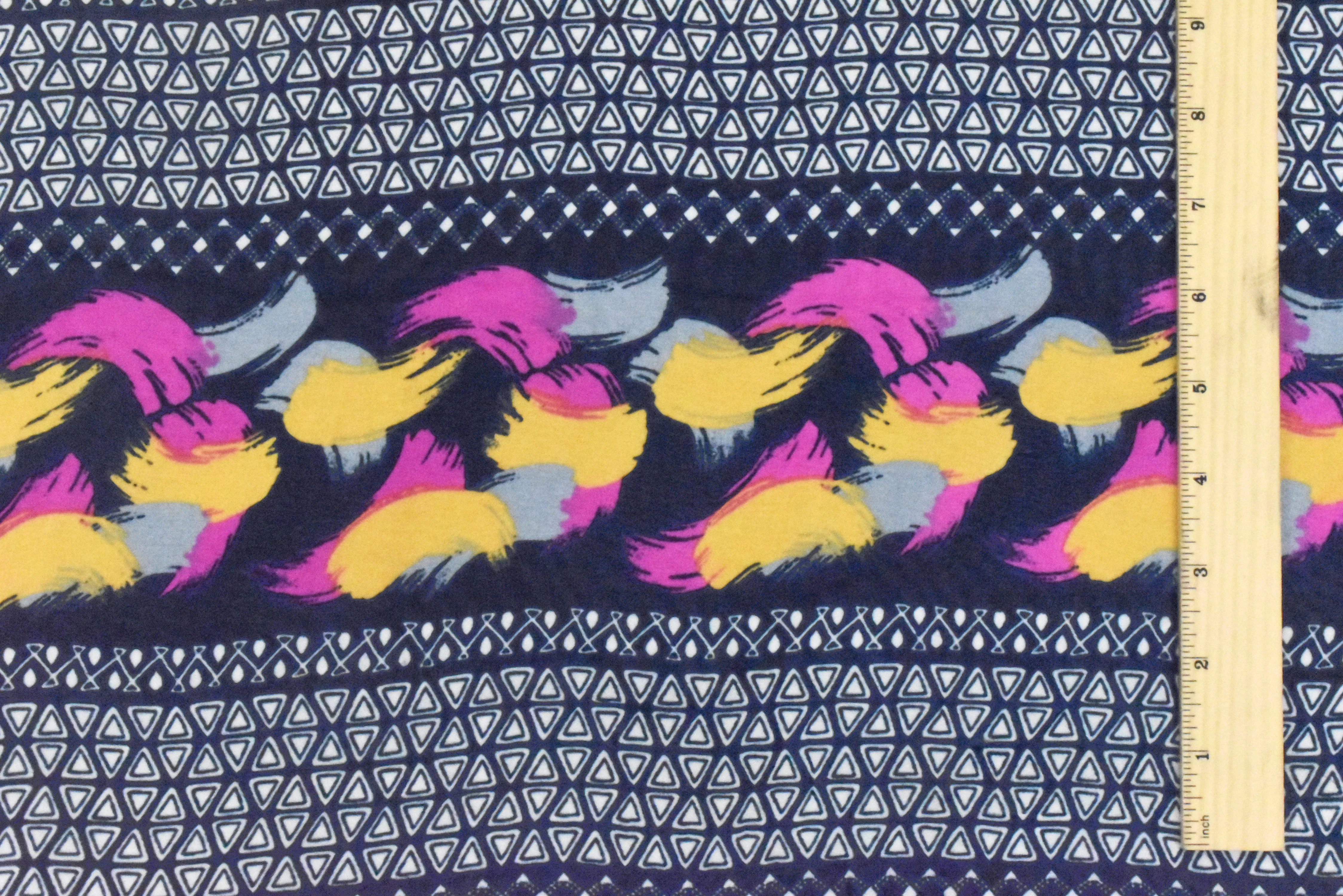 Navy Blue-Multi Painting And Aztec Stripe Printed Poly Chiffon Woven Fabric - Image 4