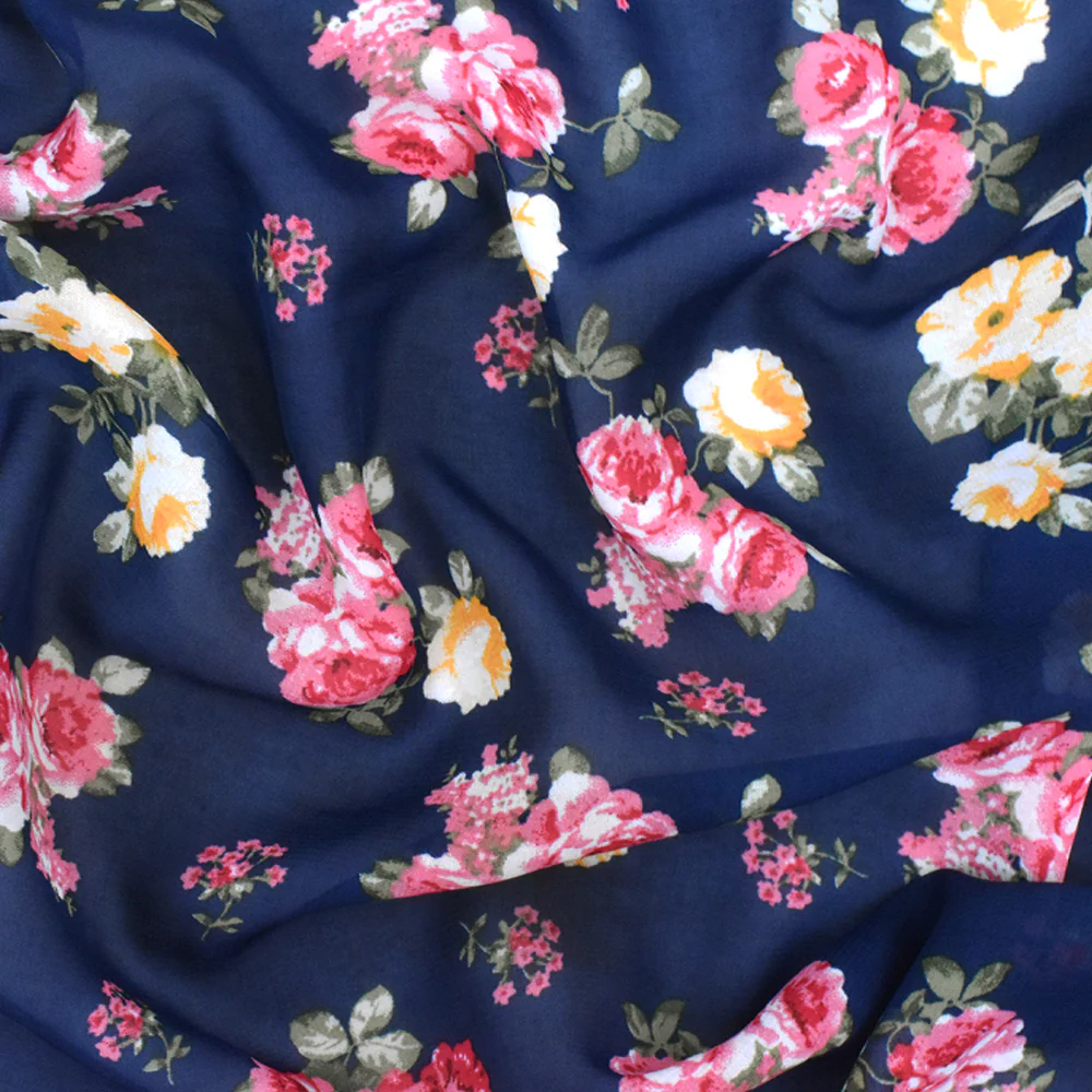 Navy Blue-Pink-Multi Floral Printed Polyester Chiffon Woven Fabric - Image 3