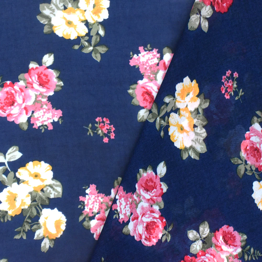 Navy Blue-Pink-Multi Floral Printed Polyester Chiffon Woven Fabric - Image 4