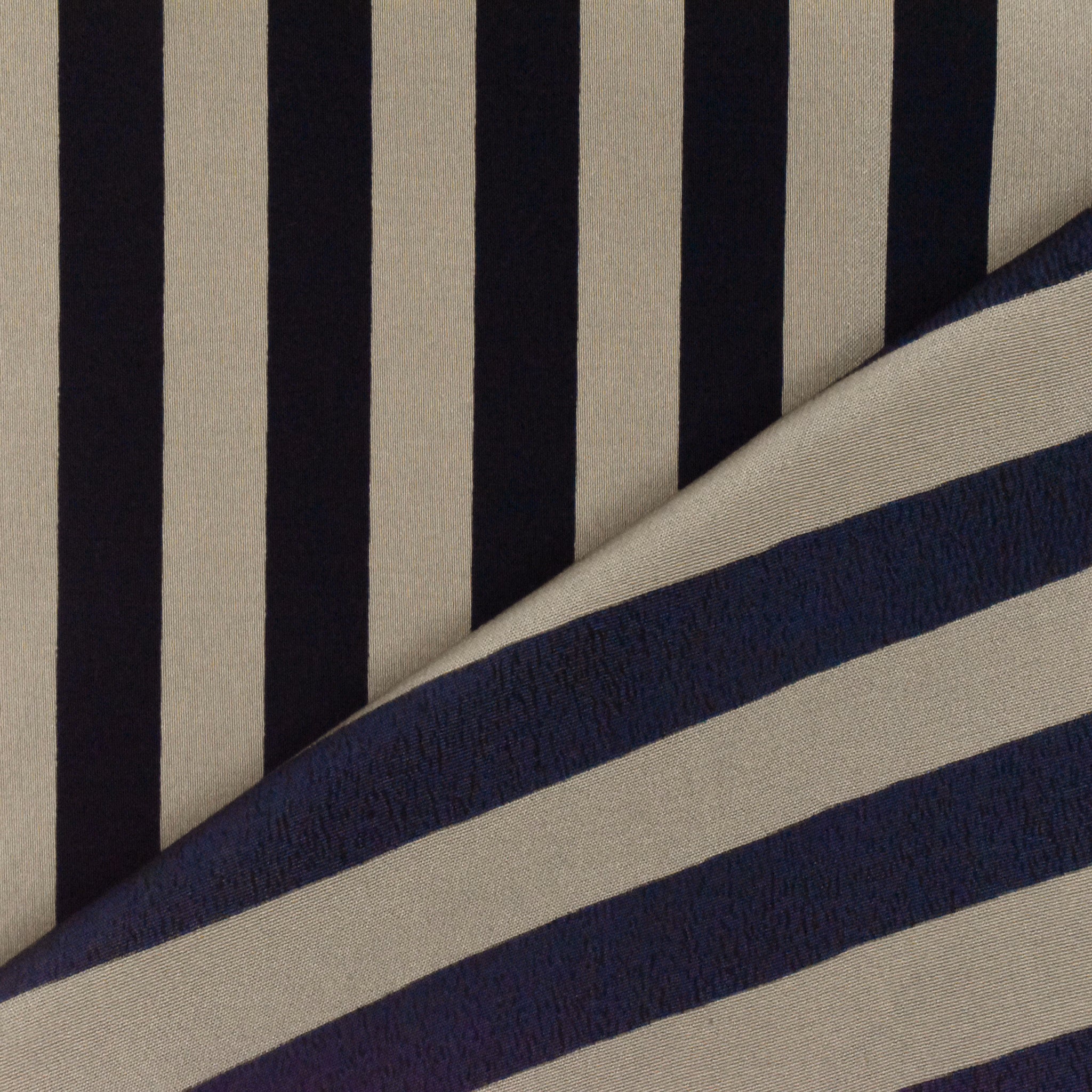 Navy Blue-Taupe Stripe Printed Silk Crepe De Chine Fabric - Image 3