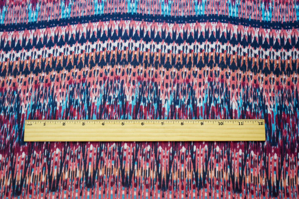 Navy-Coral-Multi Poly Aztec Ikat Pattern Printed Chiffon Woven Fabric - Image 2