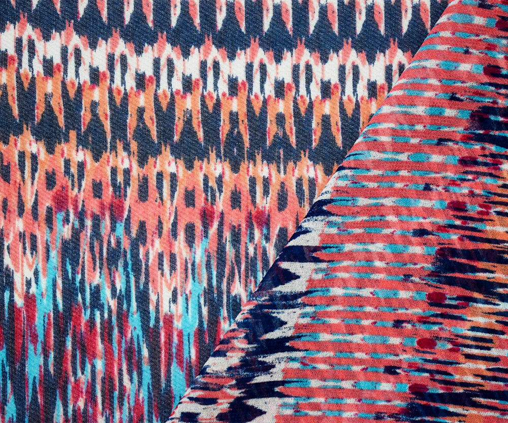 Navy-Coral-Multi Poly Aztec Ikat Pattern Printed Chiffon Woven Fabric - Image 3