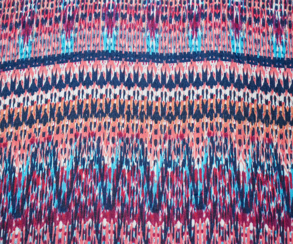 Navy-Coral-Multi Poly Aztec Ikat Pattern Printed Chiffon Woven Fabric - Image 4