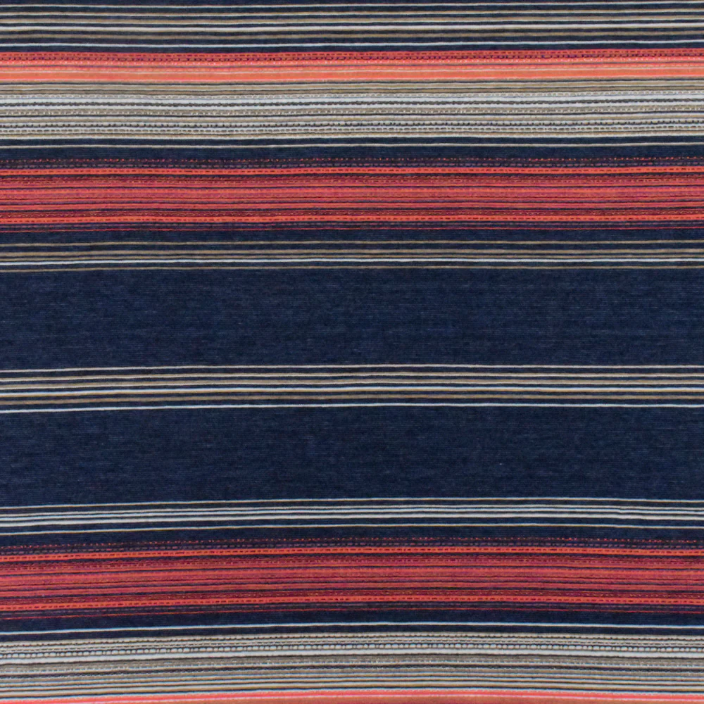 Navy-Coral-Multi Striped Viscose Stretch Jersey Knit Fabric