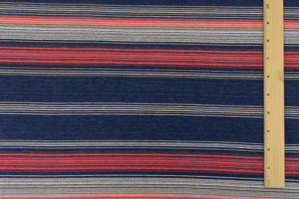 Navy-Coral-Multi Striped Viscose Stretch Jersey Knit Fabric - Image 5
