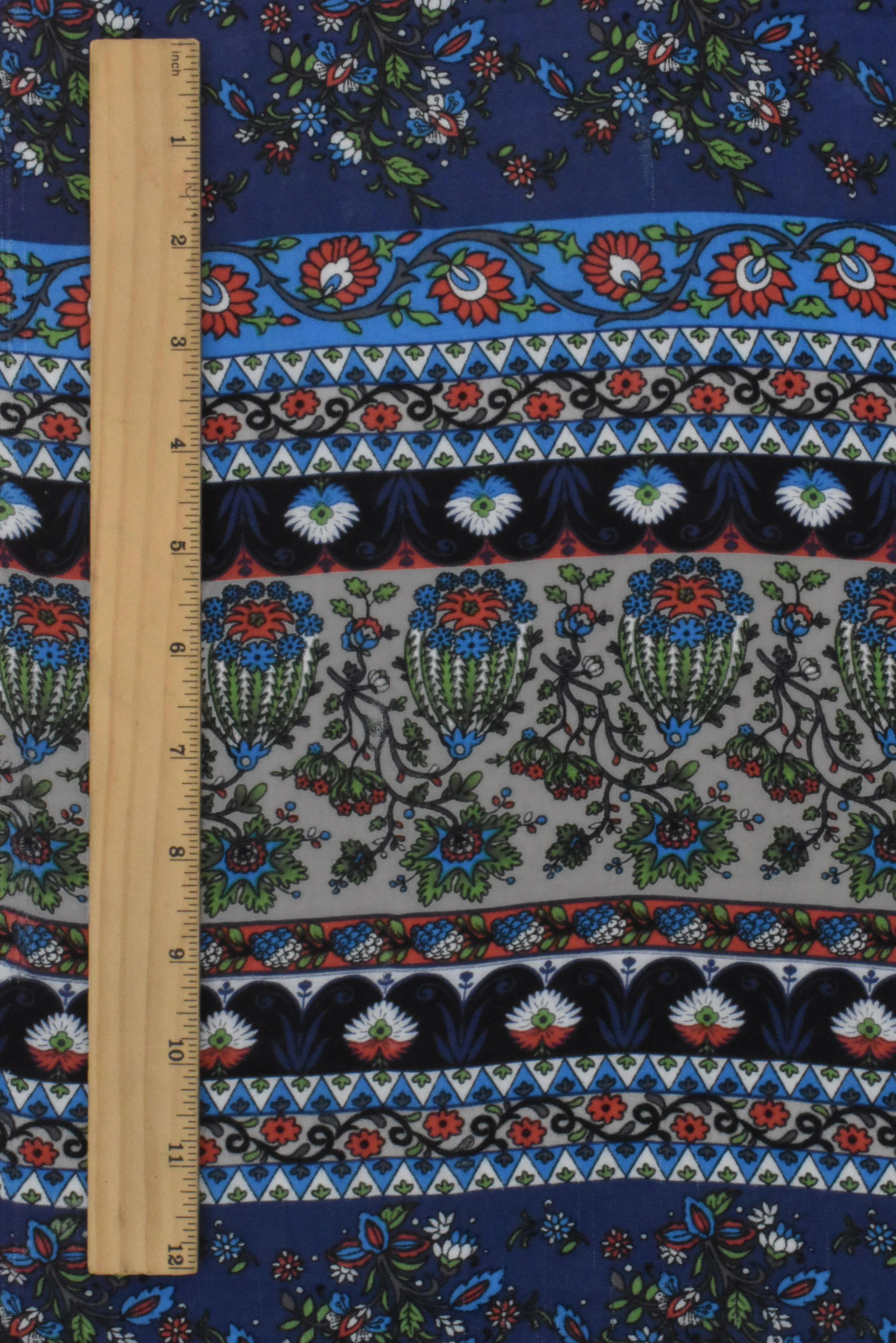 Navy-Green-Multi Floral Stripe Printed Challis Woven Fabric - Image 5