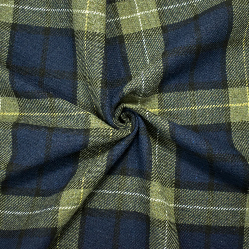 Navy-Green-Multi Wool-Poly Plaid Twill Woven Jacketing Fabric
