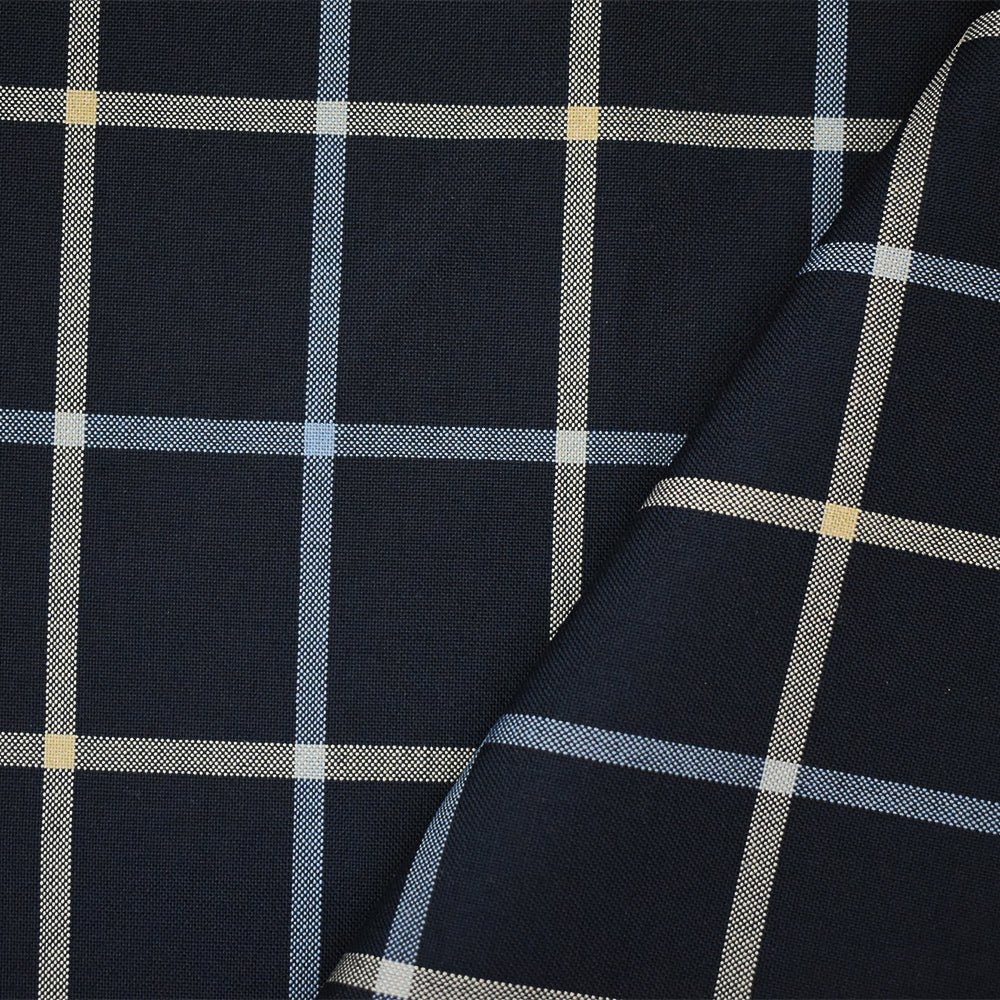 Navy-Light Blue-Beige Poly-Wool Blend Check Shirting Woven Fabric - Image 2