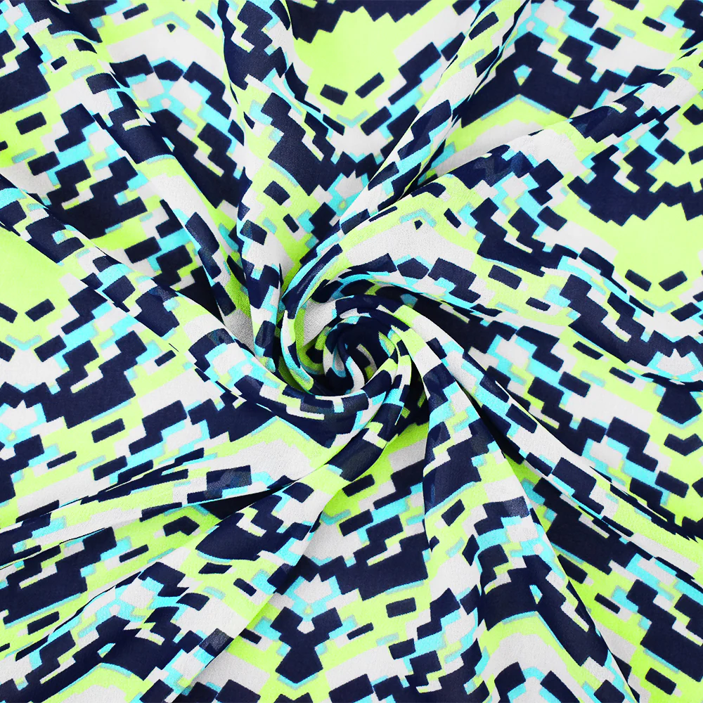 Navy-Lime Green-Multi Pixel Printed Poly Chiffon Woven Fabric