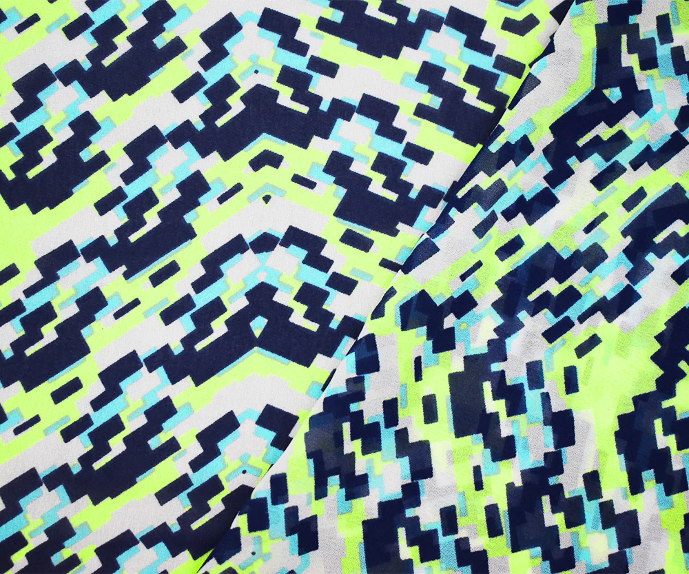 Navy-Lime Green-Multi Pixel Printed Poly Chiffon Woven Fabric - Image 2