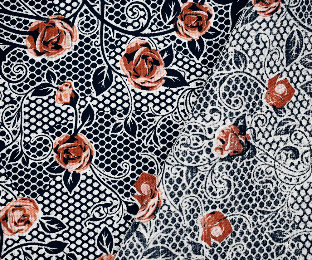 Navy-Peach-Orange Floral Mesh Pattern Printed Linen Woven Fabric - Image 3