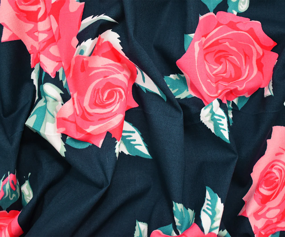 Navy-Pink-Multi Cotton Floral Printed Stretch Spandex Poplin Woven Fabric - Image 3