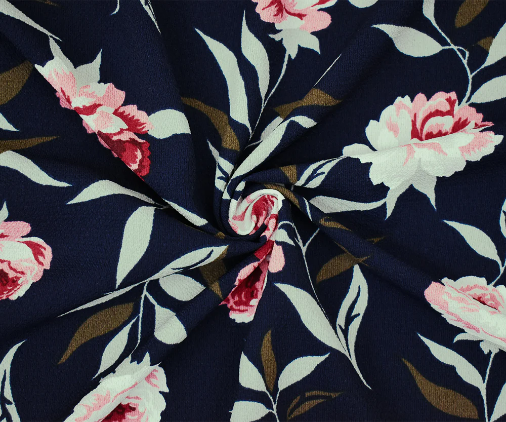 Navy-Pink-Multi Floral Printed Poly Pebble Crepe Georgette Woven Fabric - Image 3