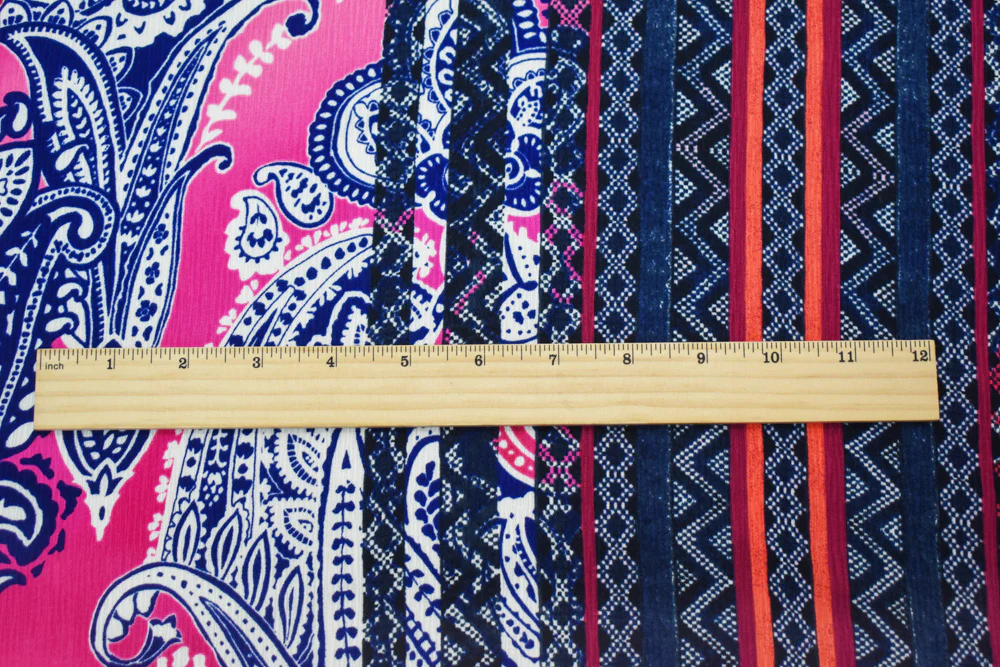 Navy-Pink-Multi Poly Paisley Border Print Crinkle Dobby Crepe Woven Fabric - Image 2