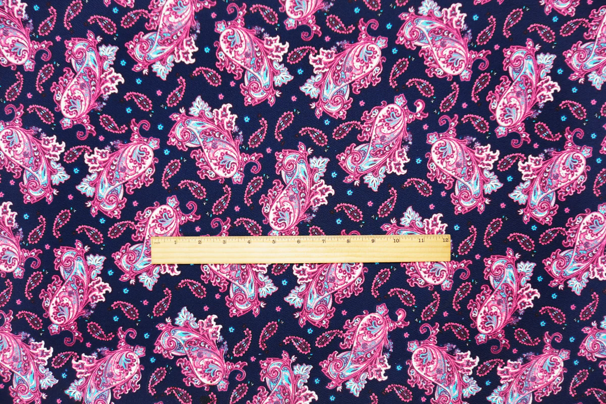 Navy-Pink-Multi Poly Paisley Print Liverpool Double Knit Fabric - Image 4