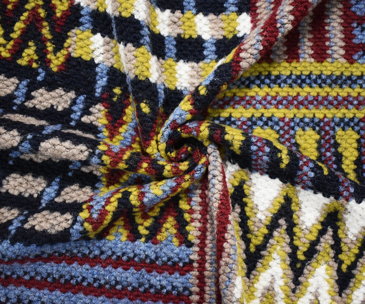 Navy-Red-Multi Italian Boiled Wool-Poly Tribal Pattern Textured Knit Coating Fabric - Image 4