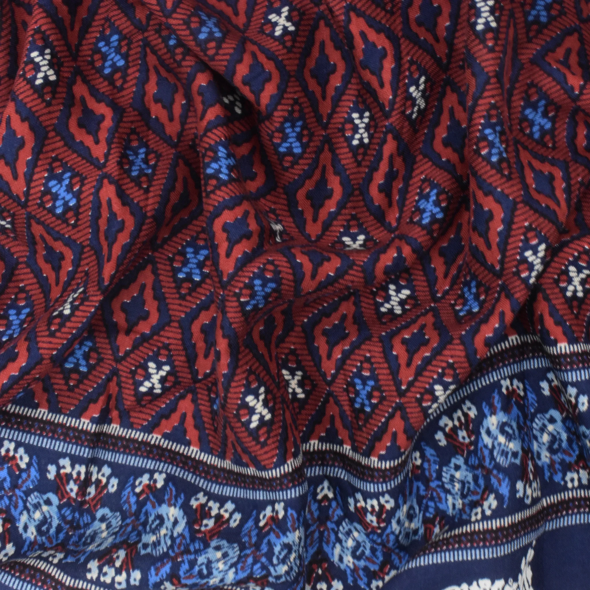 Navy-Red-Multi Paisley Border Printed Challis Woven Fabric