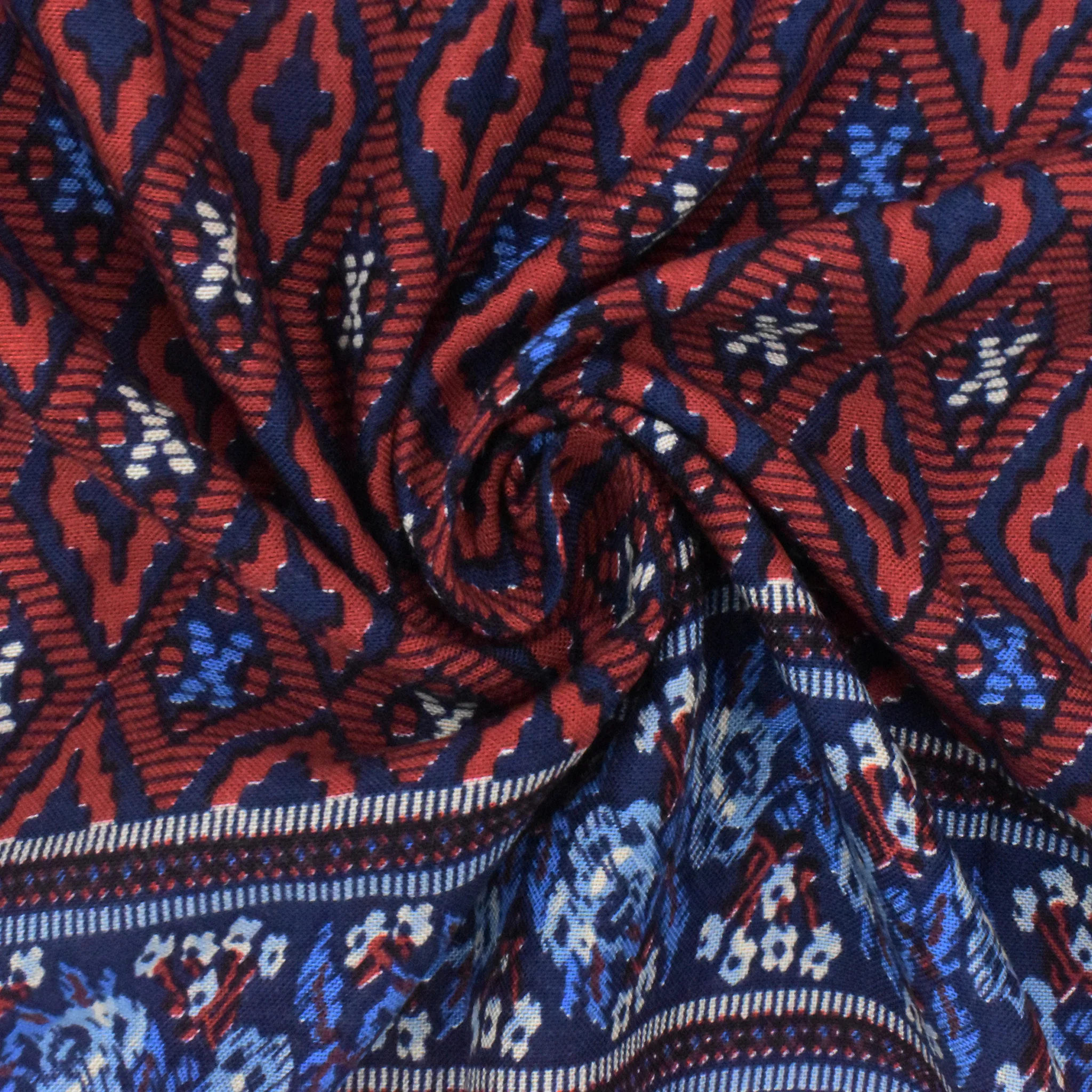 Navy-Red-Multi Paisley Border Printed Challis Woven Fabric - Image 2
