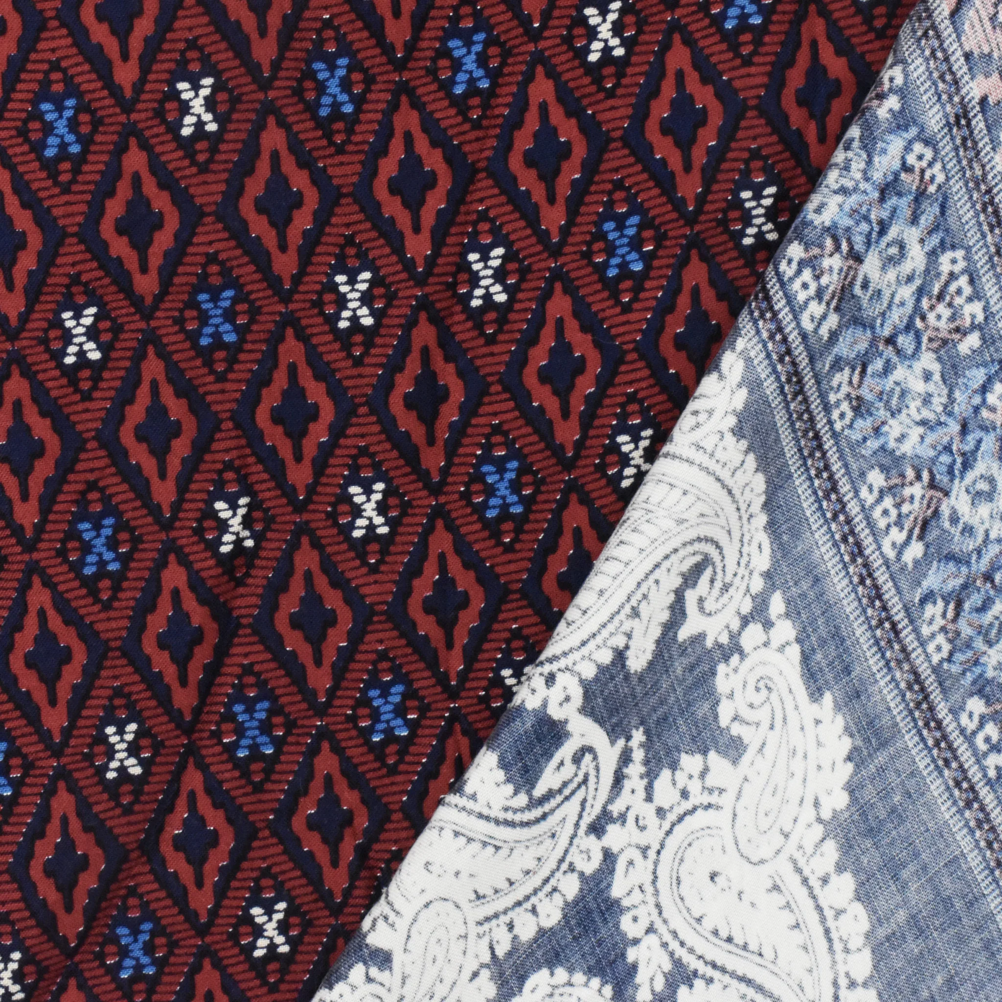 Navy-Red-Multi Paisley Border Printed Challis Woven Fabric - Image 3