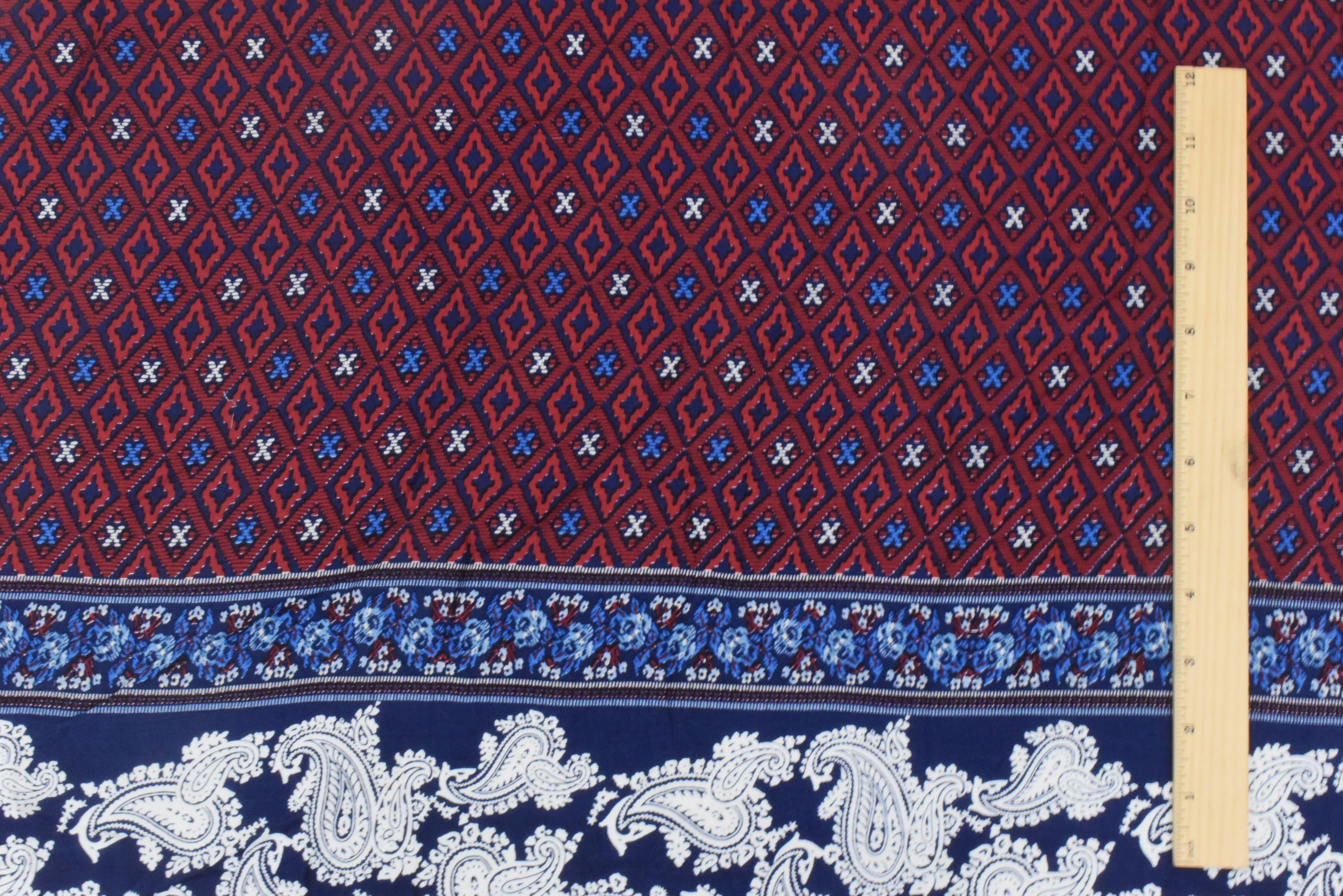 Navy-Red-Multi Paisley Border Printed Challis Woven Fabric - Image 4