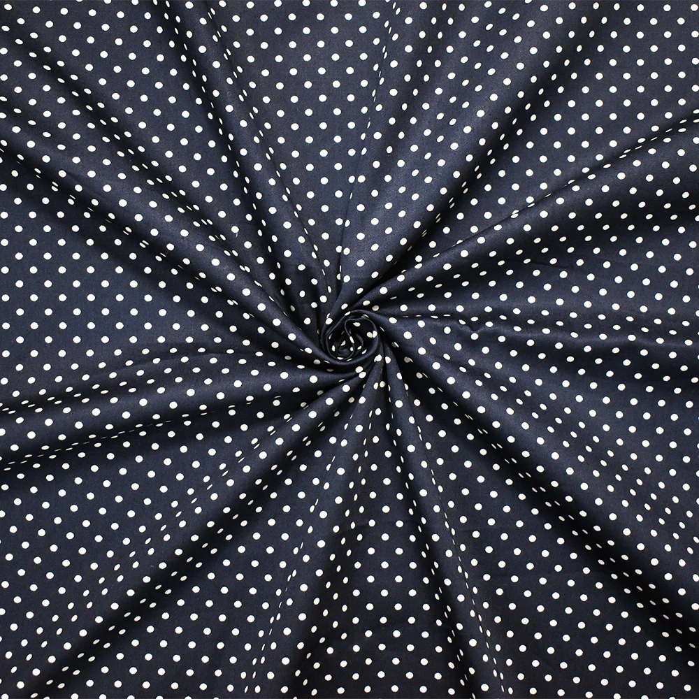 Navy-White Cotton Japanese Polka Dot Printed Twill Sateen Woven Fabric