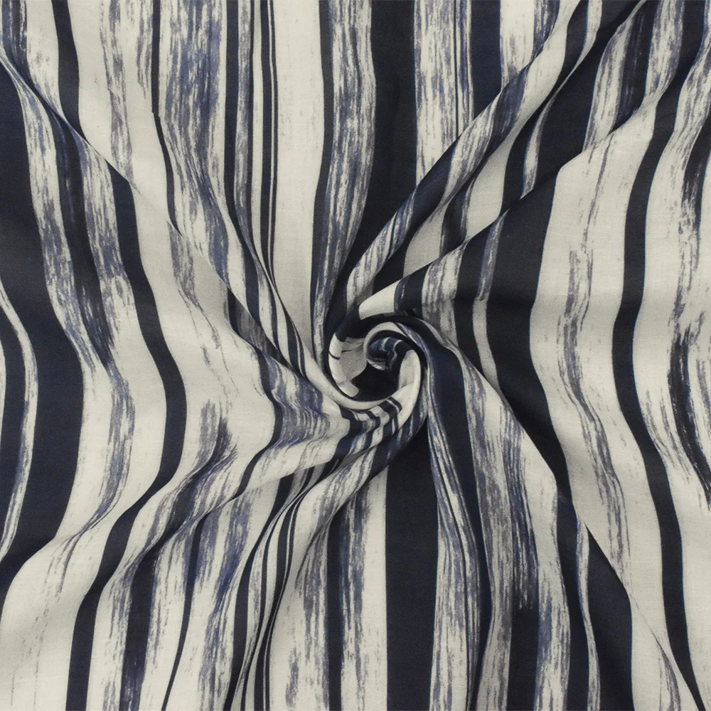 Navy-White Famous Maker Rayon Painterly Stripe Printed Lawn Fabric - Image 2