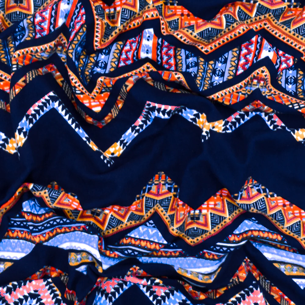 Navy-Yellow-Multi Tribal Chevron Printed Double Brushed ITY Knit Fabric - Image 3