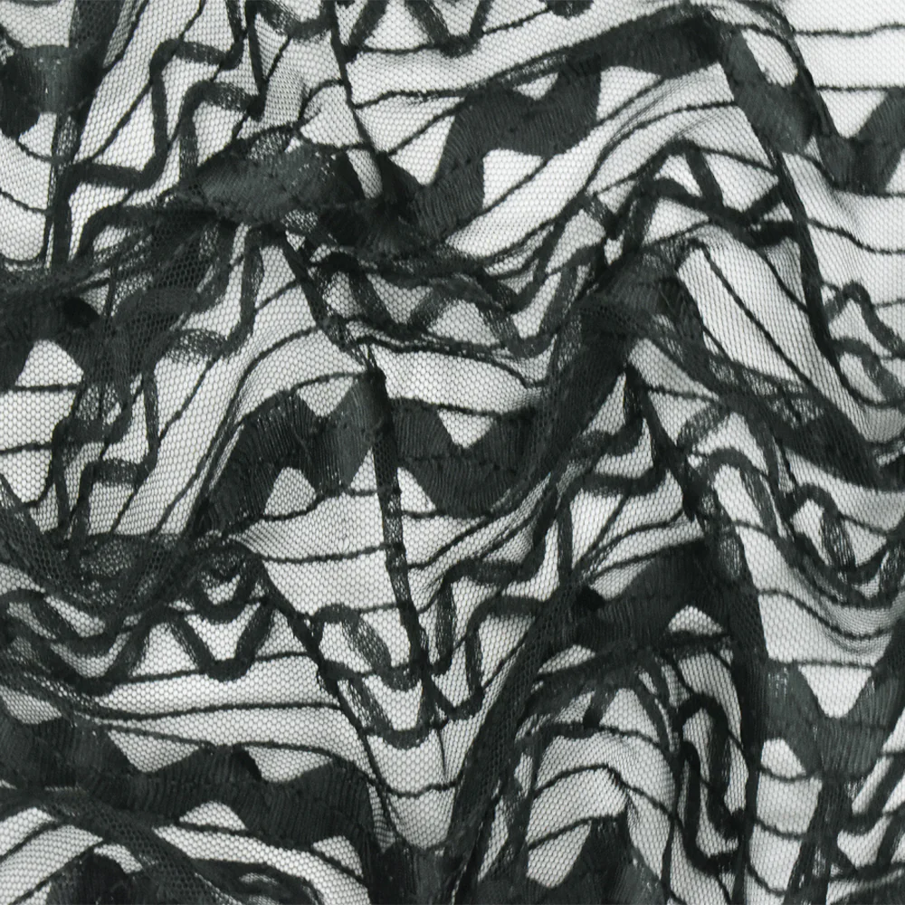 Night Black Chevron Stripe Lace Mesh Knit Fabric - Image 2