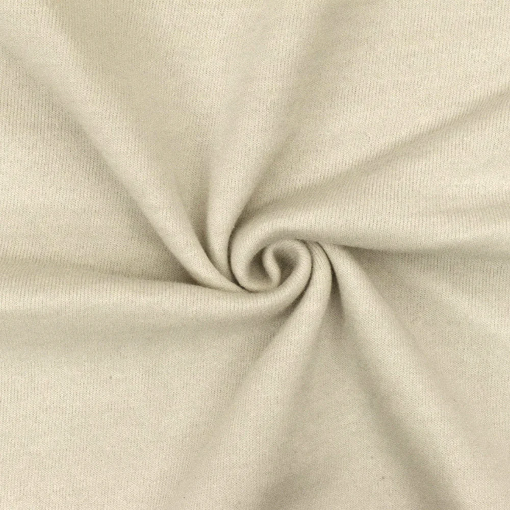 Oatmeal Beige Solid Stretch Cotton Poly Brushed Terry Fleece Knit Fabric - Image 3
