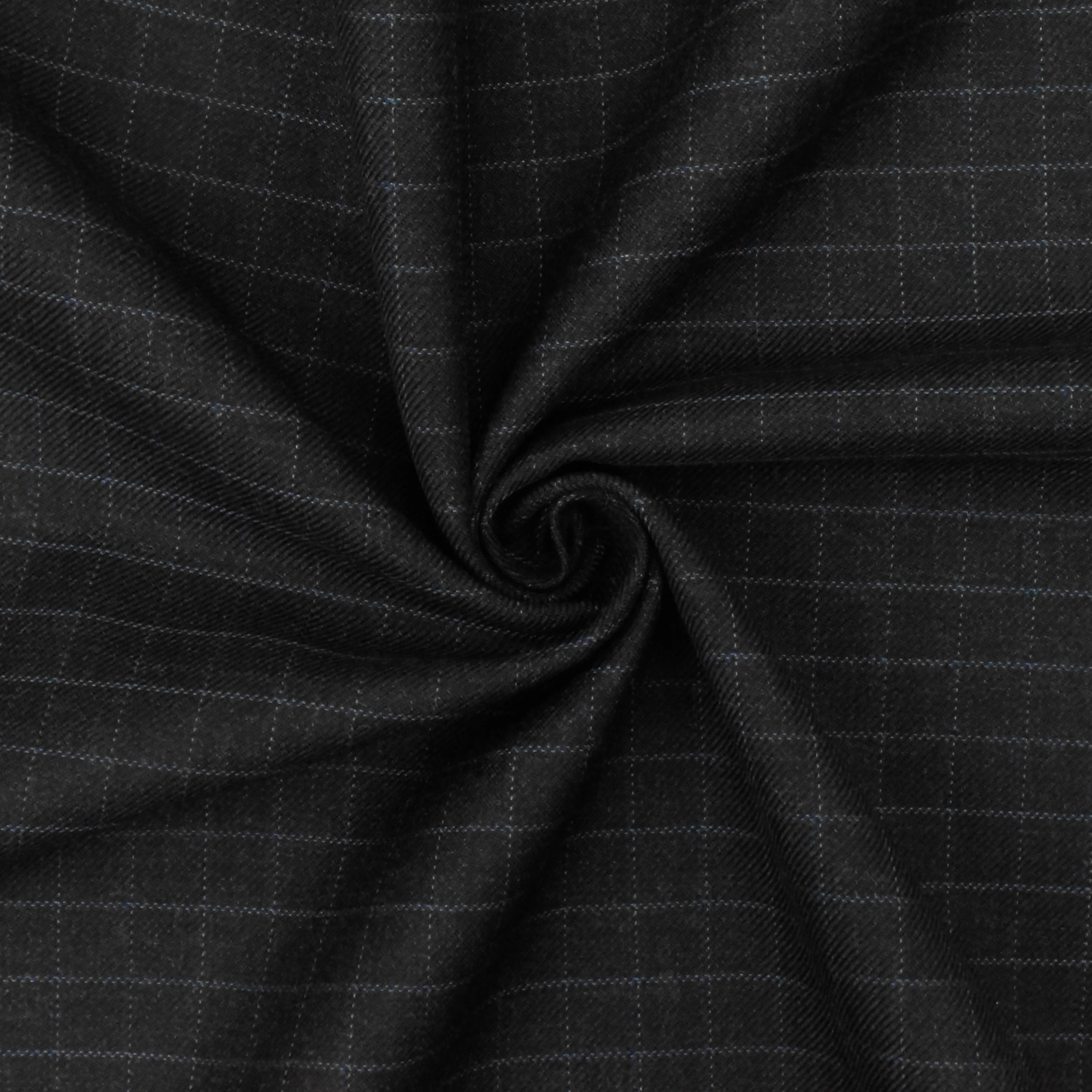 Off Black-Gray-Blue Check Wool-Poly Twill Woven Suiting Fabric - Image 2