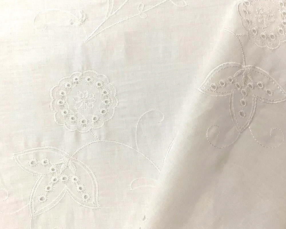 Off-White Cotton Floral Embroidered Eyelet Voile Woven Fabric - Image 2