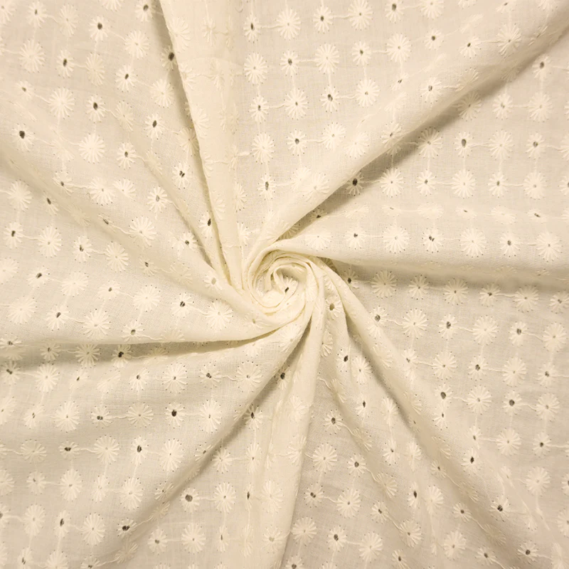 Off-White Cotton Floral Embroidered Eyelet Voile Woven Fabric